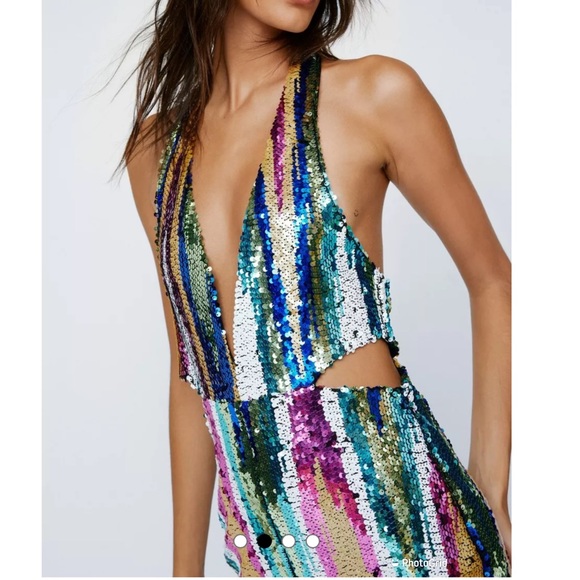 NWT Nasty Gal Stripe Sequin Halterneck Cut Out Jumpsuit - Picture 2 of 15